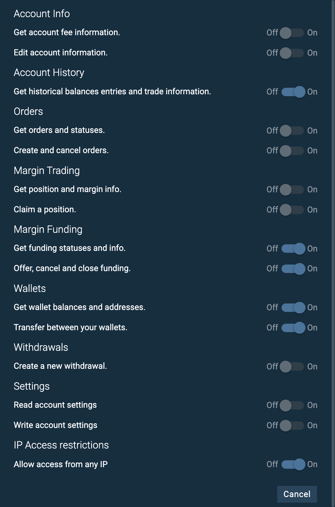 The Bitfinex API key permissions page with funding and wallet read access on and withdrawals off