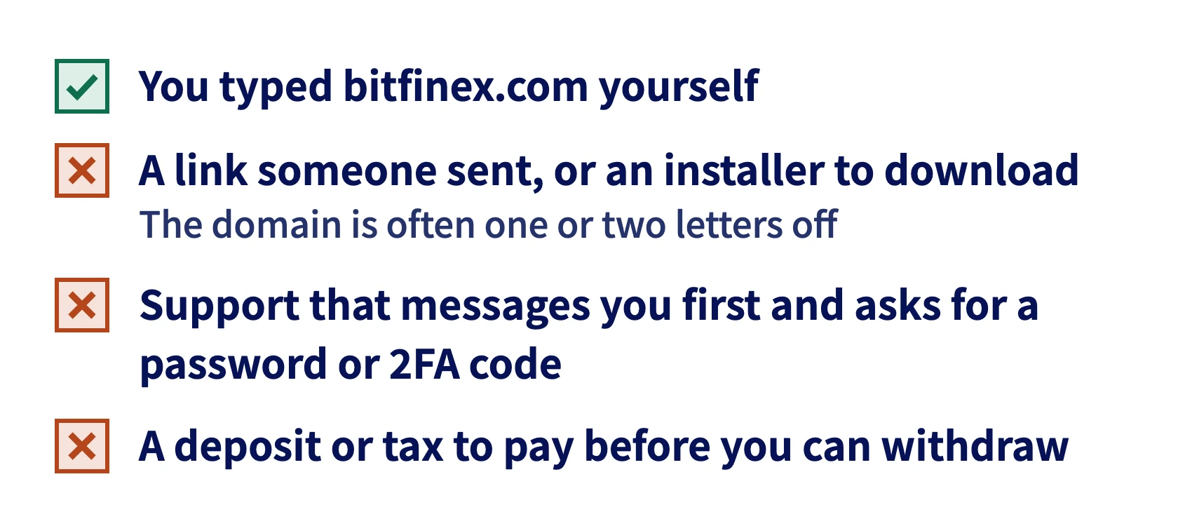 Typing bitfinex.com yourself is right. Links from others, support that messages you first and fees before withdrawal are not