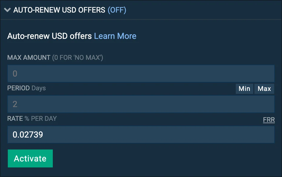 The auto-renew panel on the Bitfinex funding page with max amount, period and rate fields