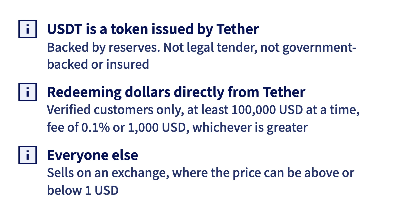 The extra layer with USDT: a token issued by Tether, direct redemption starts at 100,000 USD, and everyone else sells on an exchange